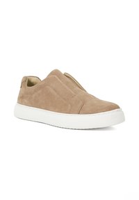 Slip-on shoes made of soft beige suede with a smooth white rubber sole; features elastic side panels for easy wear.