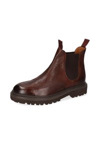 Bota Chelsea de cuero marrón con acabado texturizado, paneles laterales elásticos y puntera reforzada. Suela de goma robusta para mayor tracción.