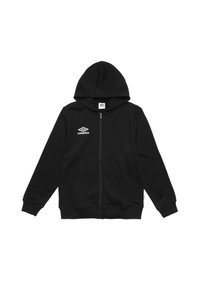Felpa con zip nera realizzata in tessuto morbido, dotata di tasca frontale, cappuccio regolabile e logo bianco sul lato sinistro del petto.
