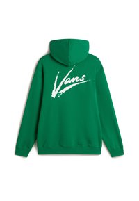 Felpa verde realizzata in tessuto misto cotone, dotata di cappuccio, maniche lunghe e un grande logo bianco "Vans" sul retro.
