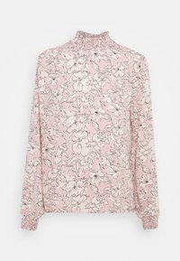 Blus med långa ärmar och hög, smockad halsringning, prydd med ett rosa blommönster med svarta konturer på lättviktig tyg.