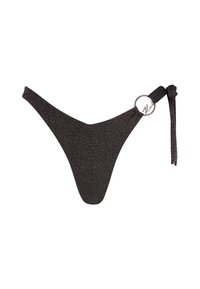 Svart glitrende bikini-underdel med V-formet snitt, justerbar knyting på den ene siden og sølvfarget sirkelformet detaljer. Glatt, teksturert materiale.