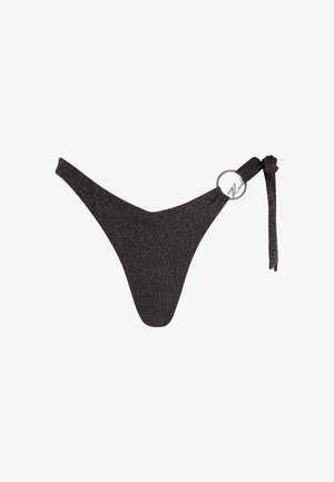 Fundo de bikini preto com glitter, corte em V, laço ajustável de um lado e detalhe em hardware circular prateado. Material liso e texturizado.