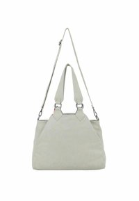 Lichtgrijze handtas met een gestructureerd oppervlak, dubbele handvatten aan de bovenkant, een verstelbare schouderband en hardware in zilverkleur.