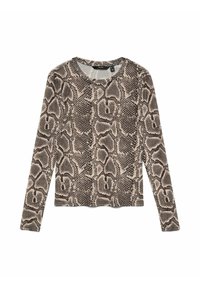 Langemouwen top in slangenprint met een beige en bruine kleurenpalet, met een ronde halslijn en een getailleerd ontwerp.
