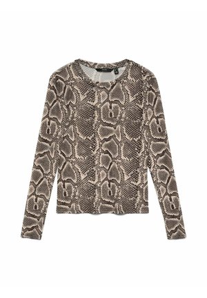 Długi rękaw bluzki w wężowy wzór, w beżowo-brązowej kolorystyce, z okrągłym dekoltem i dopasowanym krojem.