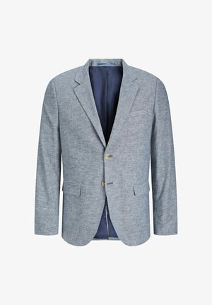 Svijetlosivi blejzer izrađen od teksturirane tkanine, s dvostrukim zatvaranjem, reverima s zarezima i dva prednja džepa. Podstavljen tamnoplavo.