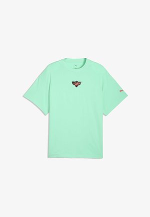 T-shirt verde menta a maniche corte in cotone. Presenta un emblema rosso e nero al centro e un piccolo logo sulla manica sinistra.