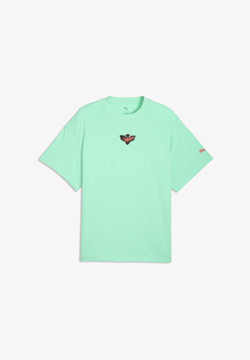 T-shirt vert menthe à manches courtes en coton. Présente un emblème rouge et noir au centre et un petit logo sur la manche gauche.