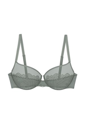 Reggiseno grigio in pizzo con ferretto, spalline regolabili e coppe semi-trasparenti caratterizzate da motivi geometrici e floreali.