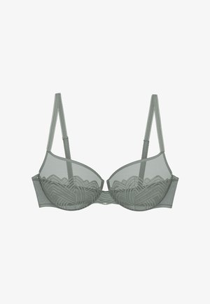 Grauer Spitzen-Bügel-BH mit verstellbaren Trägern und halbtransparenten Cups mit geometrischen und floralen Mustern.