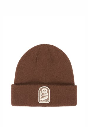 Brown knitted beanie with folded brim and a beige patch featuring a flower and the Quiksilver logo on the front center.