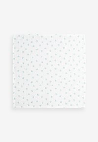 Cotton fabric featuring a white background with a repeating pattern of small blue floral designs and vertical lines. Smooth texture.
