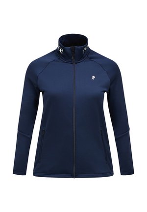 Marinefarbene Zip-Jacke mit hohem Kragen, zwei seitlichen Taschen, tailliertem Schnitt und dezentem Logodesign am Kragen.