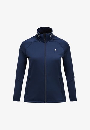 Marinefarbene Zip-Jacke mit hohem Kragen, zwei seitlichen Taschen, tailliertem Schnitt und dezentem Logodesign am Kragen.