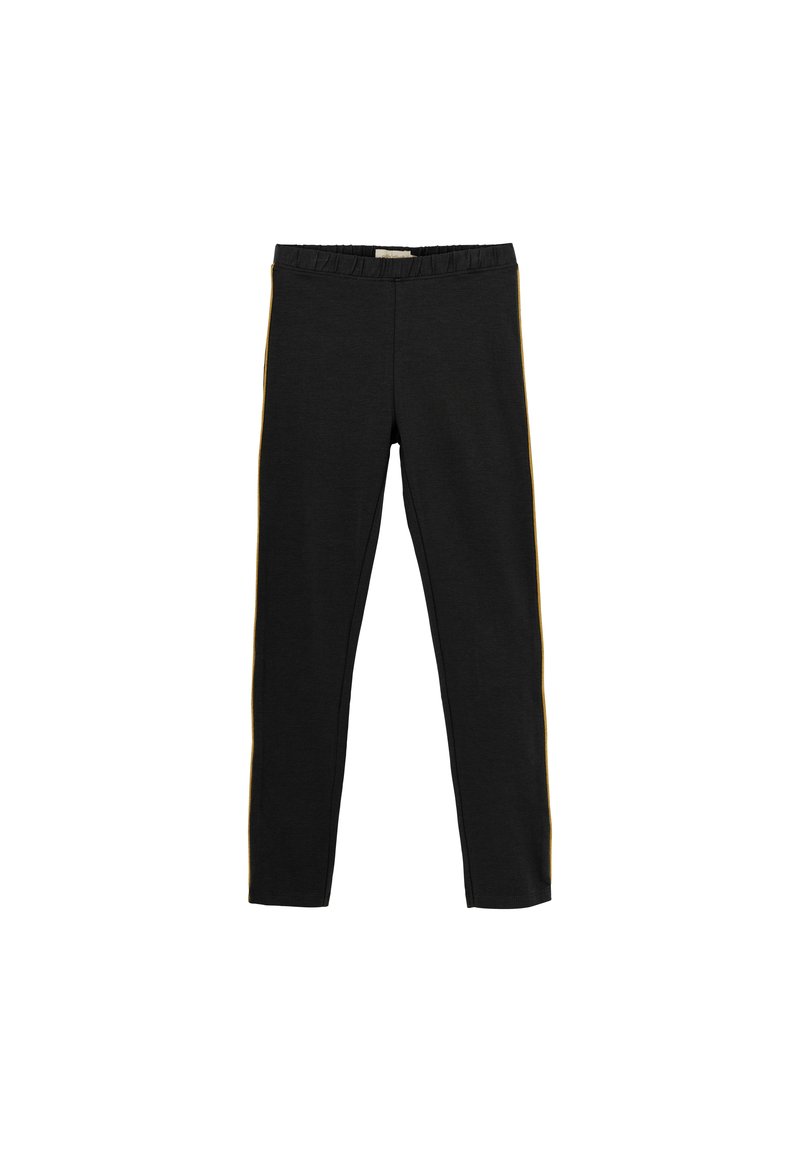 Svarta leggings med resårband i midjan och kontrasterande gula sidostrecker. Tillverkade av ett mjukt, stretchy material för komfort.