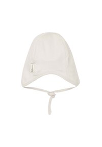 Witte katoenen babybonnet met een ronde kroon, oorklepjes en een kinband. Voorzien van een klein label aan de zijkant voor branding.