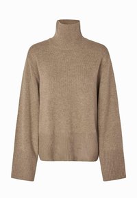 Pullover a collo alto beige in maglia con maniche lunghe e polsini, orlo e colletto a costine.