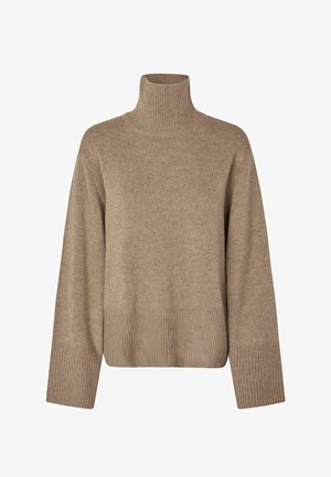 Beige neulepusero, jossa on pitkähihaiset hihat sekä ribbineulatut hihansuut, helma ja kaulus.