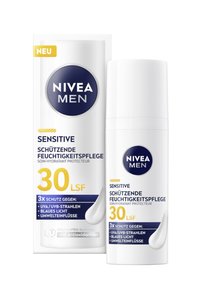 Moisturizer bottle labeled "NIVEA MEN SENSITIVE" in white and dark blue, features SPF 30, protection claims, and a smooth design.