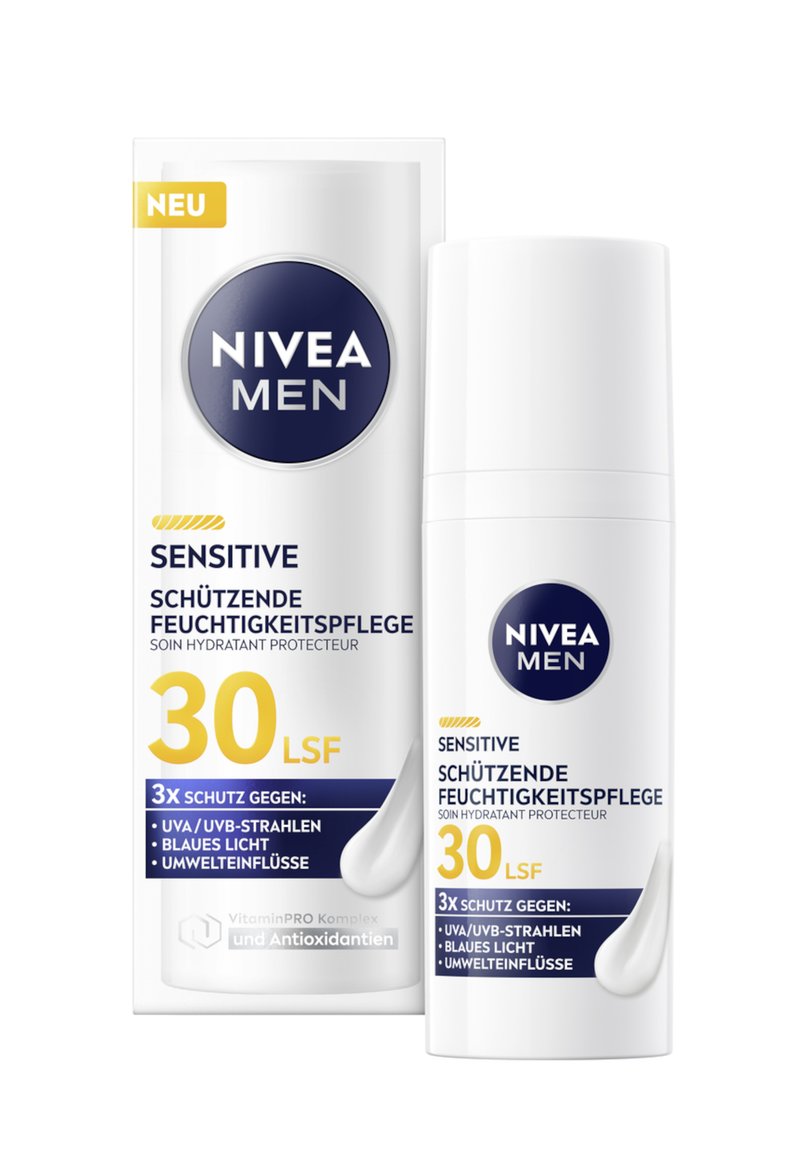 Moisturizer bottle labeled "NIVEA MEN SENSITIVE" in white and dark blue, features SPF 30, protection claims, and a smooth design.