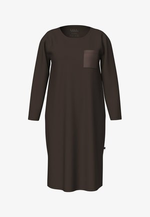 Vestido marrón de manga larga con escote redondeado y un bolsillo en el pecho. Fabricado en tela suave, presenta un corte recto y un ajuste holgado.