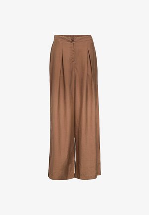 Hochgeschneiderte, weit geschnittene braune Hose mit seitlichen Taschen, vorderen Falten, einem Knopf und einem versteckten Reißverschluss vorne.