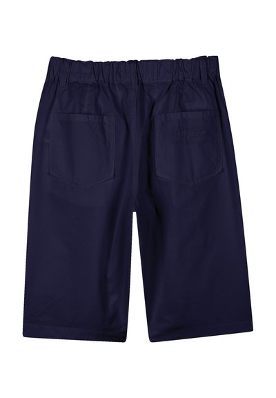 Marineblauwe shorts met een elastische tailleband, twee achterzakken en een subtiel reliëflogo. Glad materiaal met een lichtgewicht textuur.