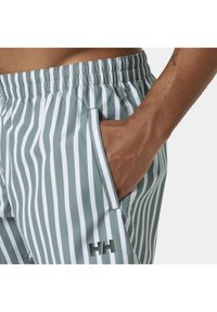 Mano en el bolsillo de unos pantalones cortos a rayas verticales verdes y blancos con cinturilla elástica y logo negro de HH en el muslo.