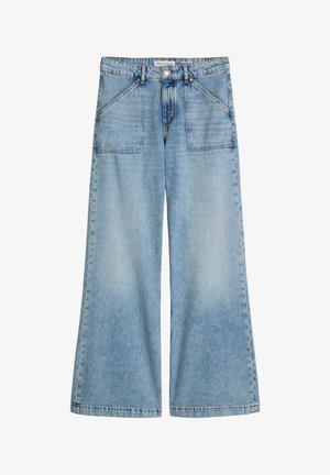 Lichtblauwe wijde denim jeans met grote voorste opgezette zakken, knoopsluiting en zichtbare stikseldetails.