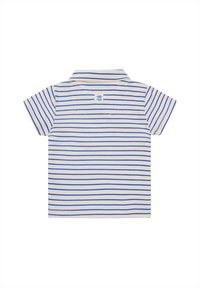 Gestreepte polo met korte mouwen in beige en blauw. Heeft een kraag, zacht katoenmateriaal en een klein logo op de achterkant.