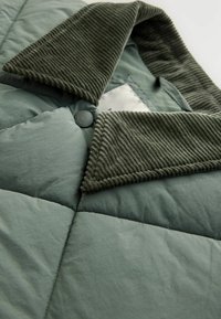 Jachetă puffer matlasată în verde șters cu un guler texturat din catifea, având închidere cu butoane și un material moale, ușor.