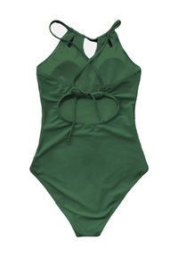 Costume da bagno intero verde con design a incrocio per le spalline, dettaglio a taglio in vita e tessuto liscio e elastico.