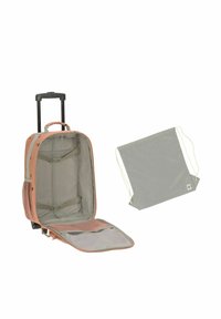 Rollkoffer in Beige und Grau, Stoffaußenmaterial, zwei ausziehbare Griffe, offenes Design mit Netzfächern, inklusive passendem Beutel mit Kordelzug.