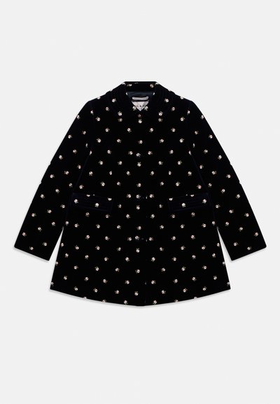 Black velvet coat with small rose patterns, rounded collar, front buttons, and two front pockets.