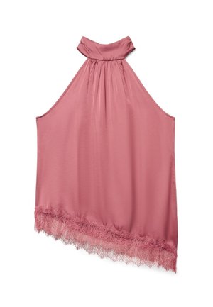 Haut sans manches rose style licou avec col montant et bordure en dentelle le long de l'ourlet asymétrique, confectionné en tissu lisse et fluide.