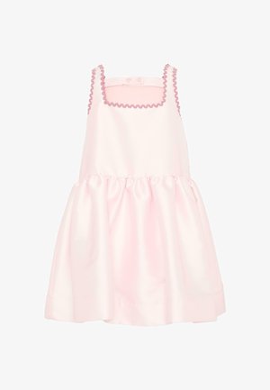 Jasnoróżowa sukienka bez rękawów z różowym wykończeniem rypsową taśmą na kwadratowym dekolcie i ramiączkach, marszczona w talii, z zapięciem na guziki z tyłu.