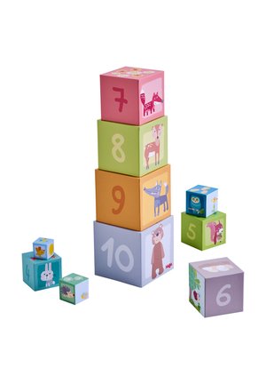 Stacked colorful numbered blocks showing animals, including a fox, deer, wolf, bear, squirrel, owl, rabbit, and hedgehog.