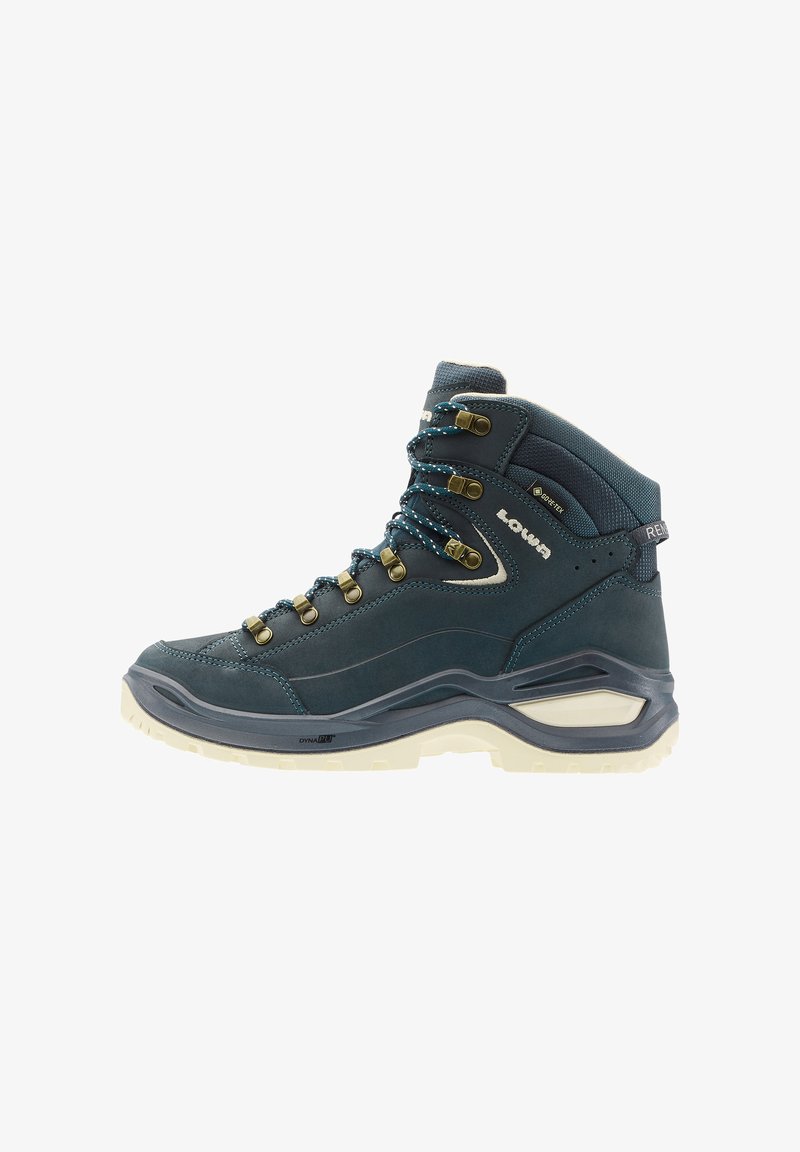 Stivale da trekking blu scuro con tomaia texturizzata, occhielli rinforzati e suola in gomma leggera a contrasto. Presenta una fodera impermeabile GORE-TEX.