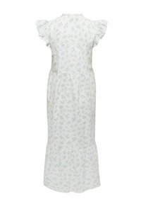 Robe midi blanche avec petit imprimé floral bleu et vert, manches courtes à volants et détail froncé à l'ourlet inférieur.