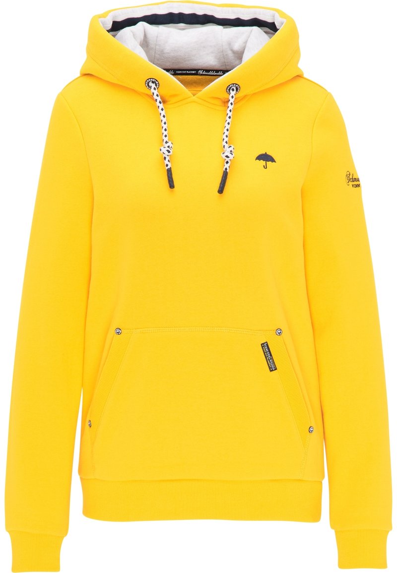 Sweat à capuche jaune avec capuche à cordon, poche kangourou à l'avant et logo de parapluie noir. Présente un tissu doux et des poignets côtelés.