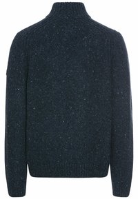 Pull en maille bleu foncé moucheté avec manches longues et poignets, ourlet et col montant côtelés, vu de dos.