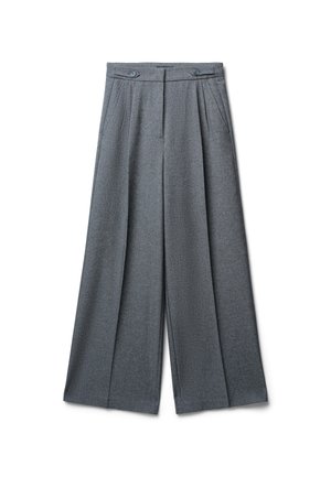 Graue weit geschnittene Hosen mit Falten, aus einem strukturierten Stoff, mit doppeltem Knopfverschluss an der Taille und einem maßgeschneiderten Design.