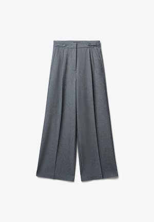 Graue weit geschnittene Hosen mit Falten, aus einem strukturierten Stoff, mit doppeltem Knopfverschluss an der Taille und einem maßgeschneiderten Design.