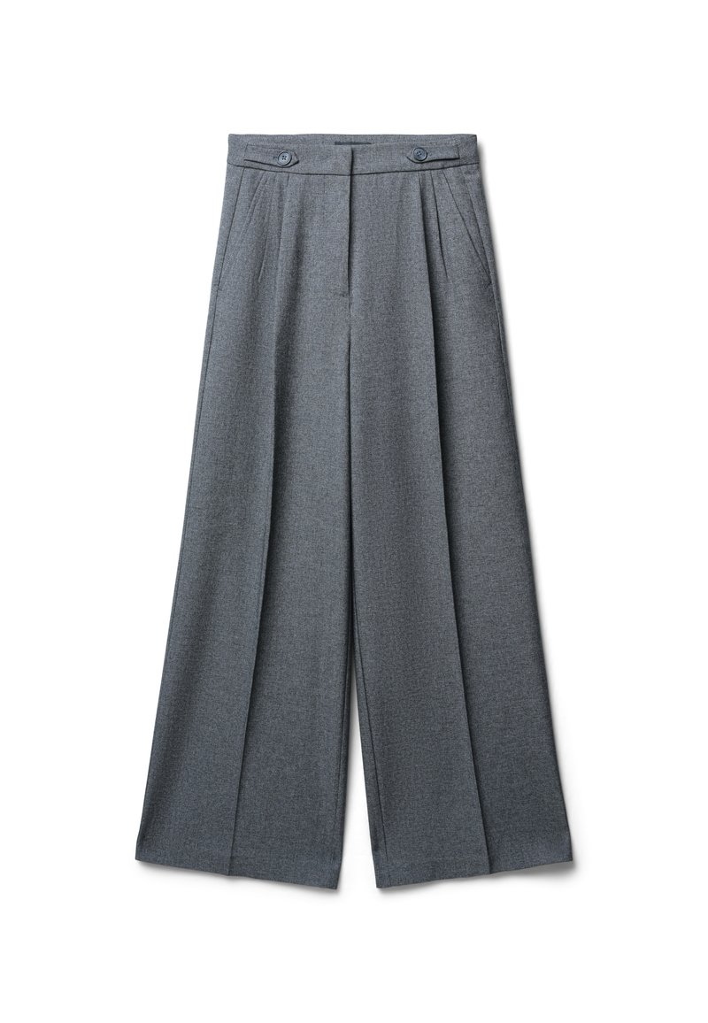 Pantaloni larghi grigi con pieghe, realizzati in un tessuto strutturato, con doppio bottone in vita e un design sartoriale.