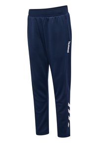 Marineblauwe sportbroek met een elastische tailleband, voorzien van witte branding aan de zijkant en een gladde, lichte stofstructuur.