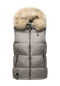 Siv vest z jermenom in umetnim krznom, spredaj z zadrgo in dvema stranskima žepoma z zadrgo. Ima prešite panele in logotip na prsih.