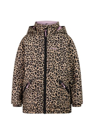 Veste à capuche pour enfants avec imprimé léopard beige et noir, fermeture éclair à l'avant, deux poches zippées et doublure rose à l'intérieur de la capuche.