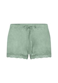 Ljust gröna satinsjorts med en spetsdetalj vid nederkanten, med en dragsko i midjan för justerbar passform. Slät textur genomgående.