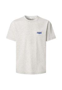 Light gray cotton t-shirt with a crew neck, short sleeves, and a small blue graphic logo on the left chest area. Soft texture.